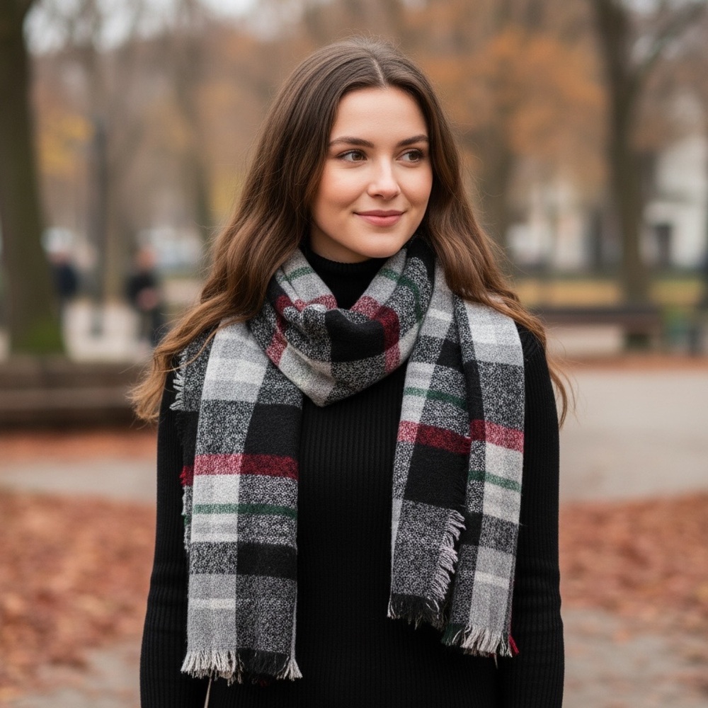 Plaid Wool Scarf - Black, Gray, Red, Green